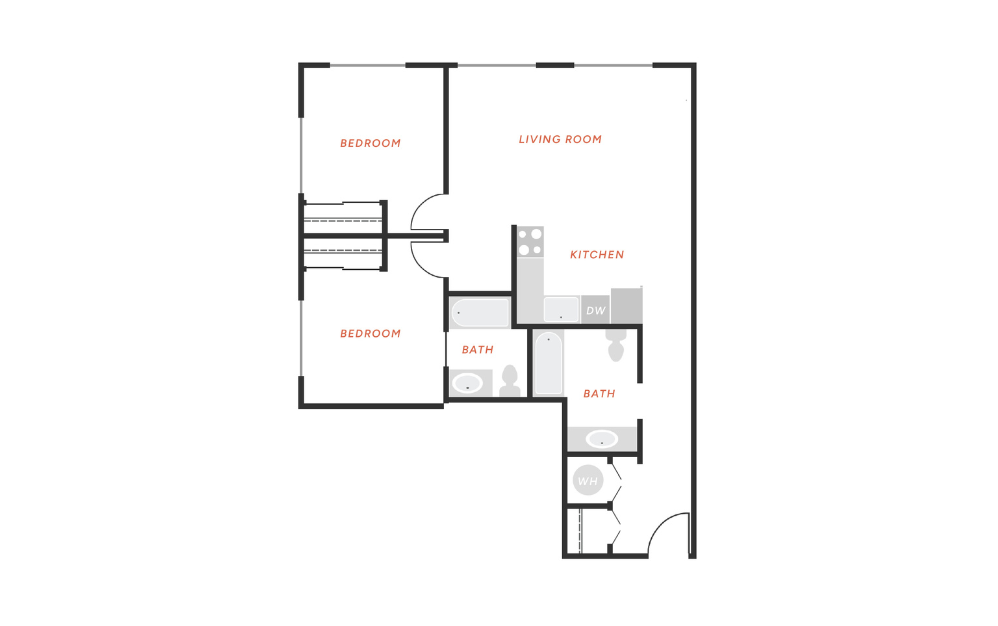 B2 - 2 bedroom floorplan layout with 2 bathrooms and 878 square feet