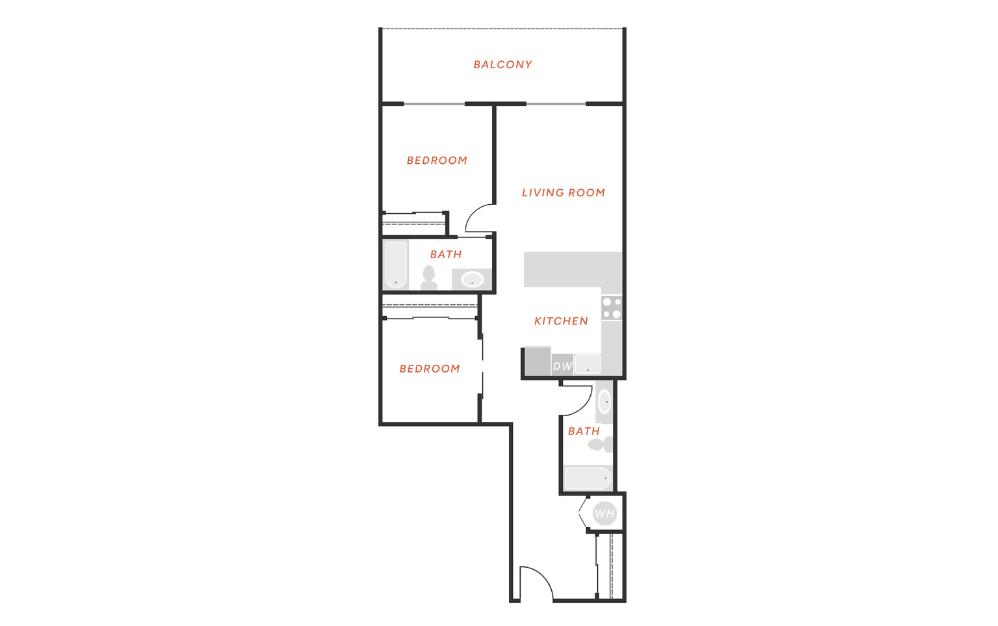 B1 - 2 bedroom floorplan layout with 2 bathrooms and 925 square feet