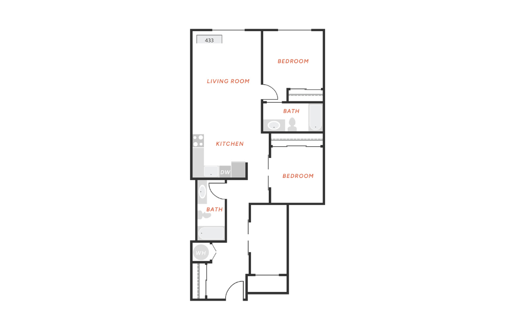 B3 - 2 bedroom floorplan layout with 2 bathrooms and 1013 square feet