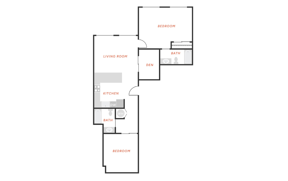 C1 - 2 bedroom floorplan layout with 2 bathrooms and 1094 square feet