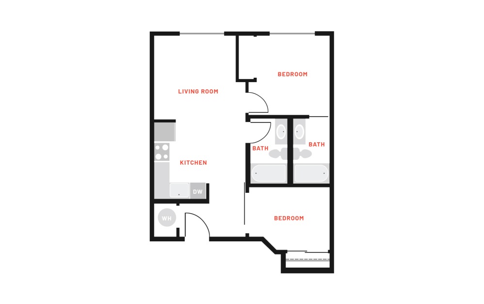 B4 - 2 bedroom floorplan layout with 2 baths and 781 square feet.