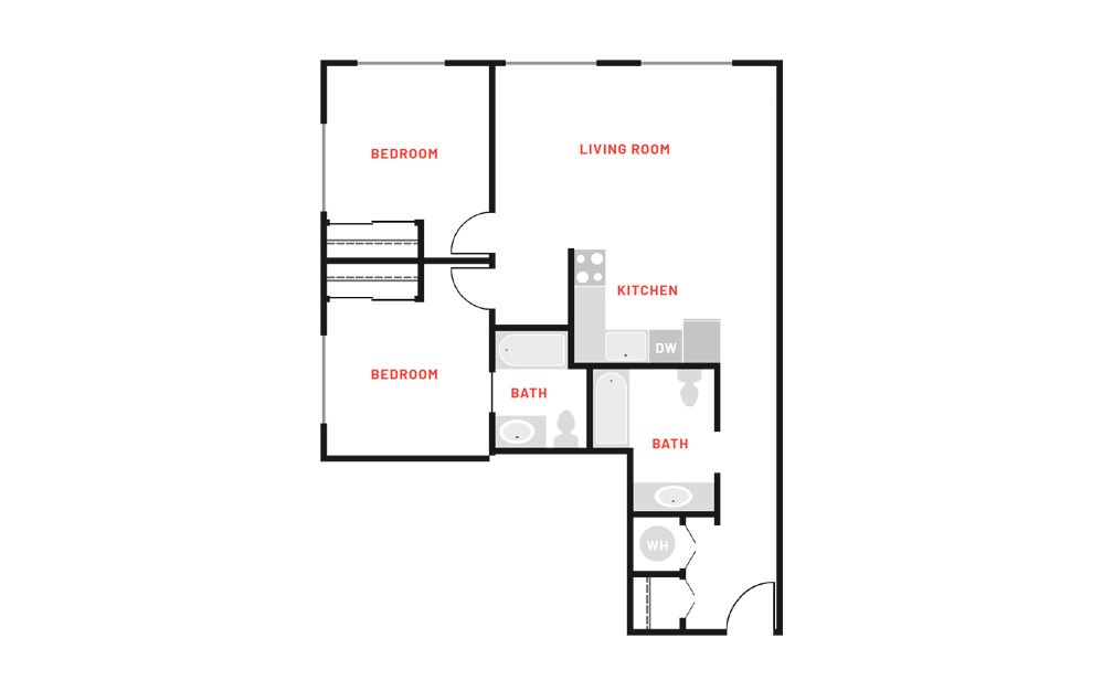 B2 - 2 bedroom floorplan layout with 2 baths and 878 square feet.