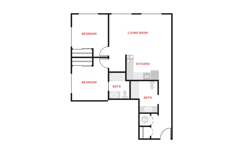 B2 - 2 bedroom floorplan layout with 2 bathrooms and 878 square feet